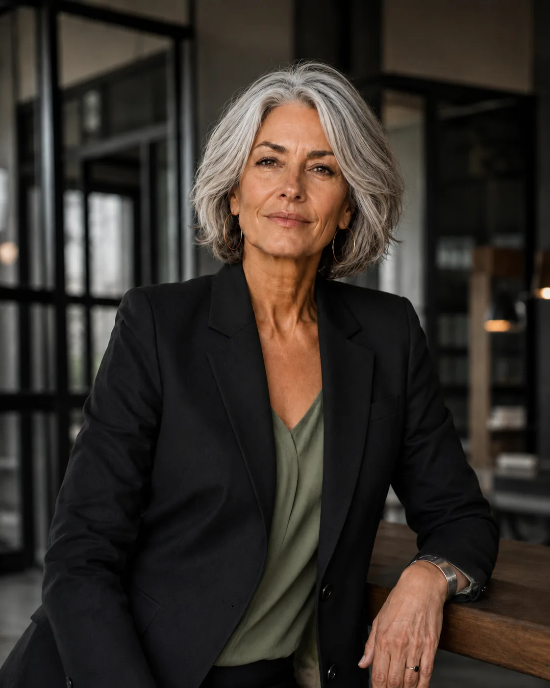 Selbstbewusste Frau blickt direkt in die Kamera und spricht Unternehmen visuell an.